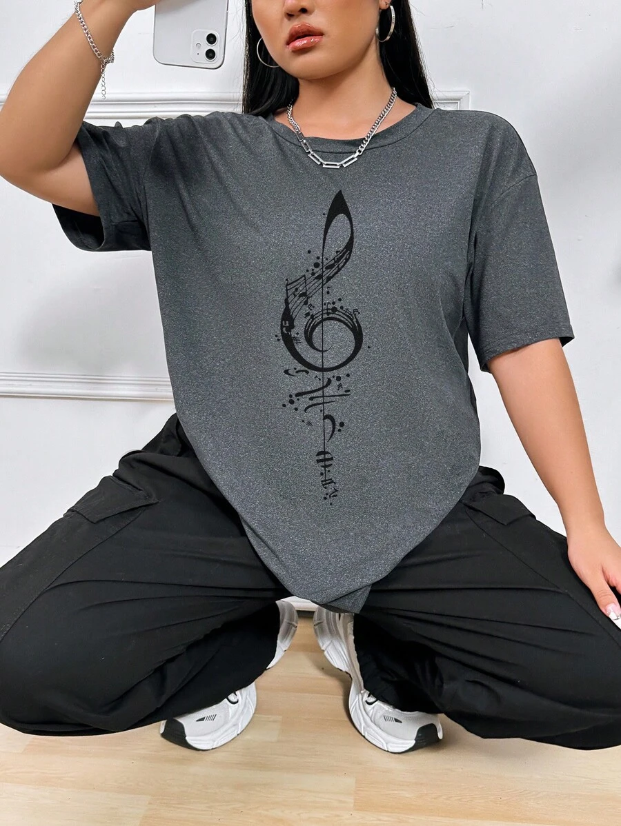 DrmWander Plus Size Note Print Drop Shoulder Tee For Summer For New Year Clothes Graphic Tees Women Tops - Dark Grey - View 1