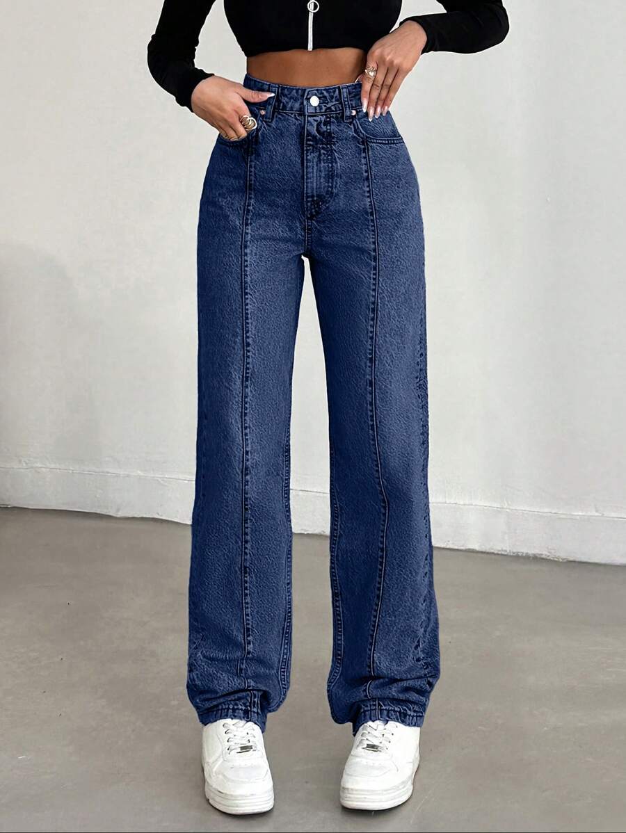 SHEIN Cottnline 100%Cotton Solid Color Straight Leg Jeans - Medium Wash - View 1