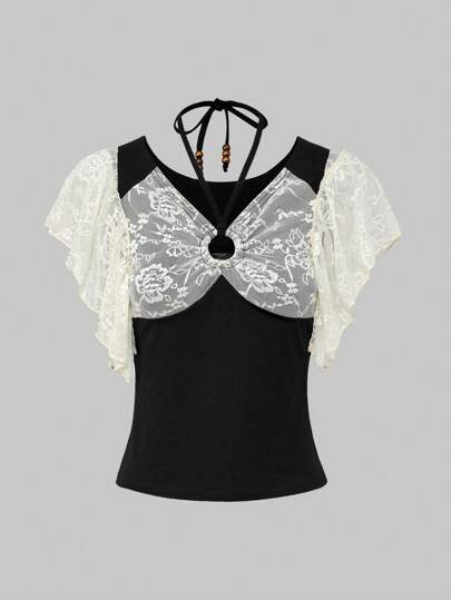 J-Fashion Y2K Harajuku Contrast Color Lace Patchwork Mock Neck Women T-Shirt