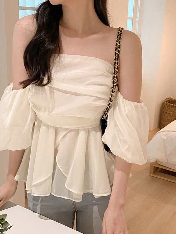 DAZY Blusa elegante y sencilla de hombros descubiertos, con volantes de otoño