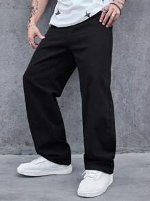 Manfinity Homme 大码男士休闲百搭纯色牛仔裤 - 黑色 - 查看 3