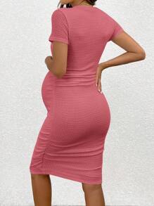 SHEIN 孕妇纯色圆领短袖修身休闲褶皱连衣裙 - 粉色 - 查看 2