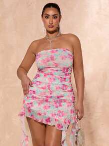 SHEIN BAE Plus Size Women Elegant Floral Ruffle Hem Bandeau Dress/Summer Holiday Vacation Dress/Music Festival/Vacation Outfits Women/Summer/Summer Clothes /Women Summer Clothes