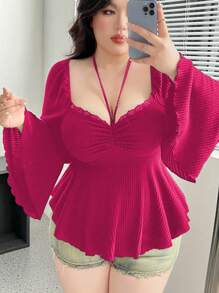 Flirla تي شيرت طويل الأكمام بخط رقبة على شكل القلب أنيق ذو حزام للخصر وقص على شكل حرف A بأحزمة متقاطعة بحجم كبير