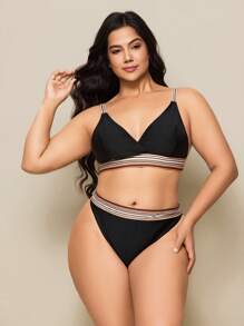 SHEIN Swim Ensemble de maillot de bain de plage rayé et patchwork pour grandes tailles,