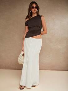 COSMINA 女士棕色褶饰不对称下摆时尚露肩上衣 - 棕色 - 查看 3