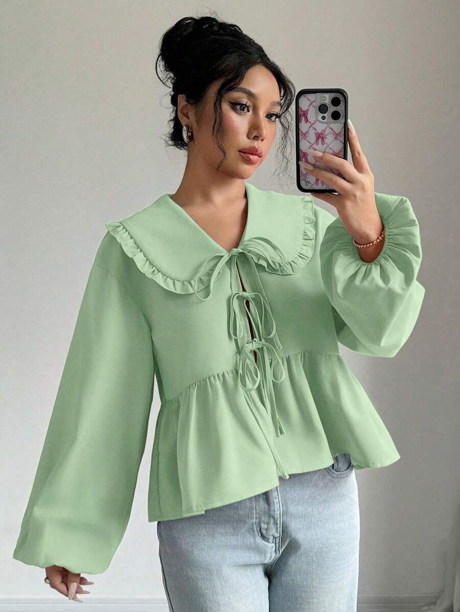 SHEIN Unity 个性领口灯笼袖前结荷叶边衬衫夏季女式衬衫 - 薄荷綠 - 查看 1
