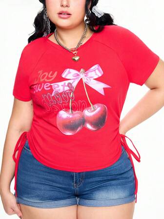 Kawaii Camiseta de manga corta con cordón y estampado de cerezas, talla grande, para el verano
