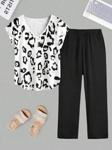 Plus Size Leopard Print Batwing Sleeve Top & Solid Color Pants Two Pieces Set