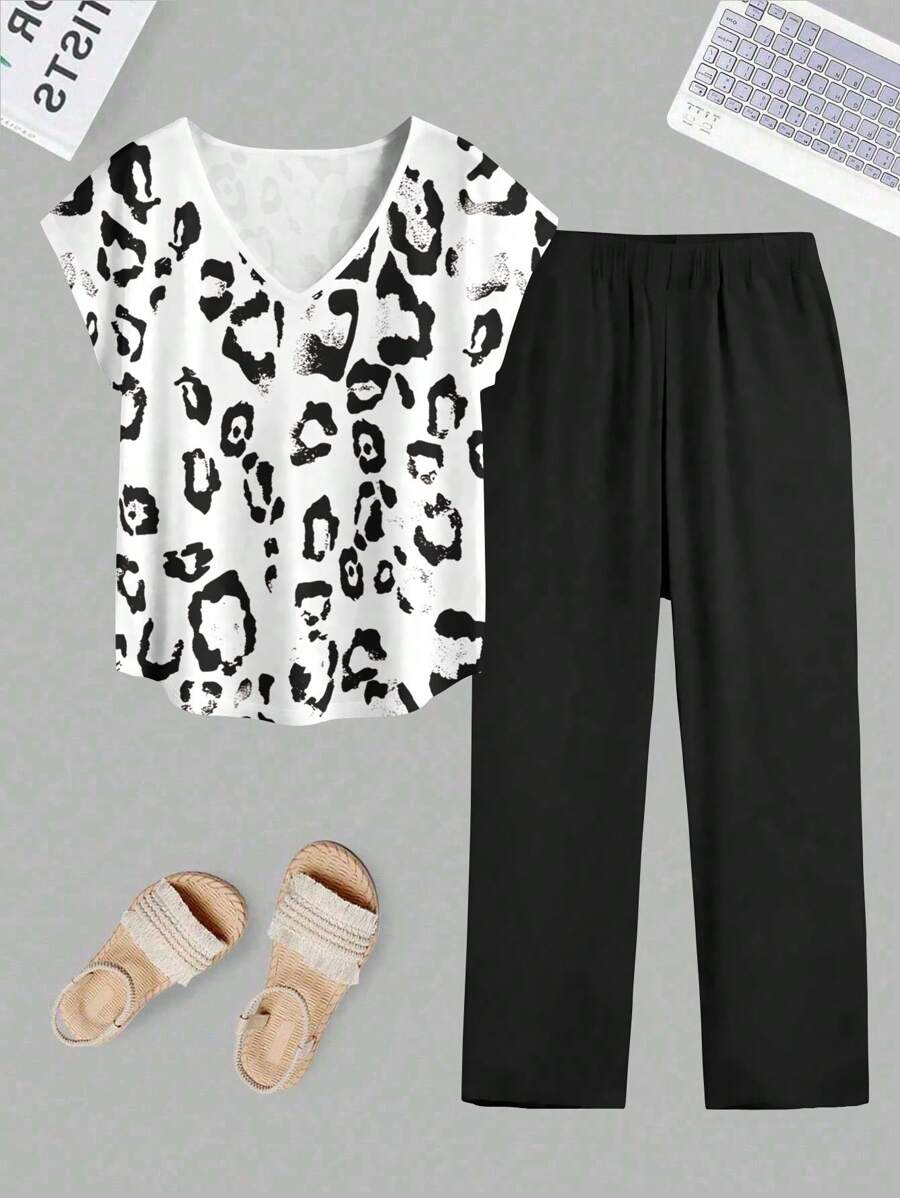Plus Size Leopard Print Batwing Sleeve Top & Solid Color Pants Two Pieces Set