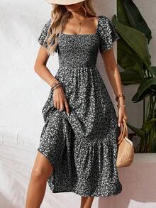 Breezaya Quadratischer Ausschnitt Sommerkleid mit Blumenmuster, lässiger Kurzarm Maxikleid für Strand Urlaub Outfits Frauen