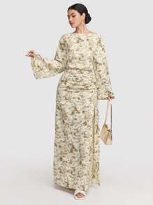 Veilorie 2 件套女士简约时尚休闲长袖上衣和裙子套装，适合日常穿着 - 黃色 - 查看 3