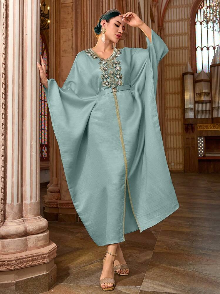 Al Najma 女士刺绣和水钻装饰开叉长裙，优雅的土耳其和阿拉伯传统长袍，端庄 - 綠色 - 查看 6