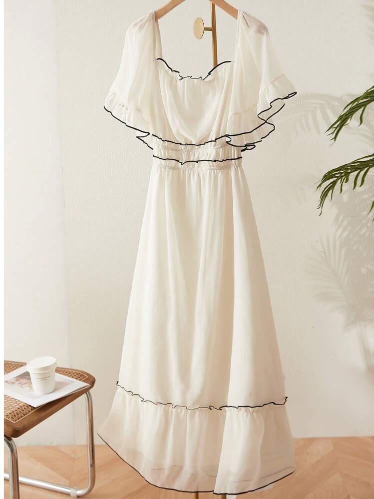 SHEIN Frenchy Plus Size Summer Fashionable Romantic Vacation Chiffon Ruffled Patchwork Solid Color Dress For Women, Suitable For Wedding Season, Beach Holiday,Graduation Dress - White - View 5