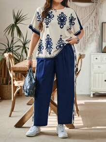 SHEIN LUNE Plus Size Allover Print Round Neck Short Sleeve Top And Pants 2 Pieces Set Summer Outfits For Women Two Pieces Set Women Summer Outfits For Women