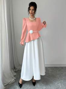 SHEIN Unity Vestido decorado con flores elegante y con bloques de color estilo INS - Rosa - Ver 4