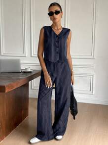 Siren Gaze 女士条纹单排扣背心和裤子两件套休闲套装 - 藏蓝色 - 查看 3