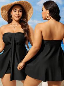 Swim Lushoire Plus Size Summer Beach Solid Color Strapless Swimwear Dress - Black - View 1