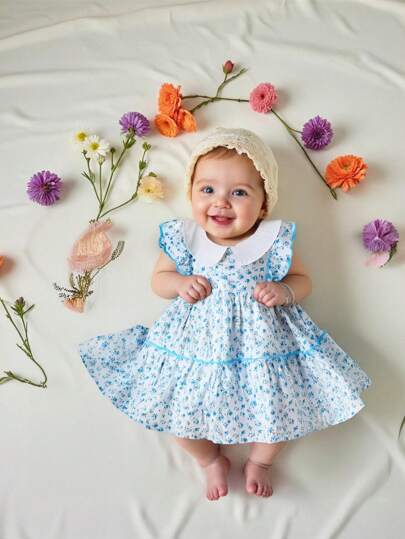 SHEIN Newborn Baby Ruffled Collar & Cap Sleeve Cute A-Line Blue Ditsy Floral Dress, Summer