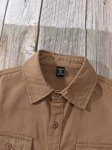 青少年男孩休闲日常纯色纽扣前口袋牛仔衬衫 - 咖啡棕 - 查看 4