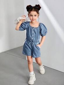 Girls Elastic Waist Casual Denim Jumpsuit With Embroidered Floral Trim, Comfortable & Fashionable For Summer Vacation