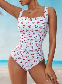 Swim Mod 女士樱桃印花弧形下摆休闲连体泳衣 - 彩色 - 查看 6