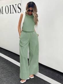 Siren Gaze נשים חופשה ופנאי חליפת פשתן בצבע אחיד, חולצת צווארון עגול ומכנסיים 2 חלקים סט קז'ואל, סט שני חלקים נשים, בגדי קיץ נשים - ירוק מנטה - ראה 3