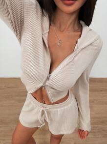 SHEIN Unity Women's  2pcs/Set Apricot Rib Knit Zip Front Hoodie Crop Top And Drawstring Waist Extra Short Shorts, Super Soft & Comfortable Casual Lounge Wear For Women, Spring/Summer - Apricot - View 3