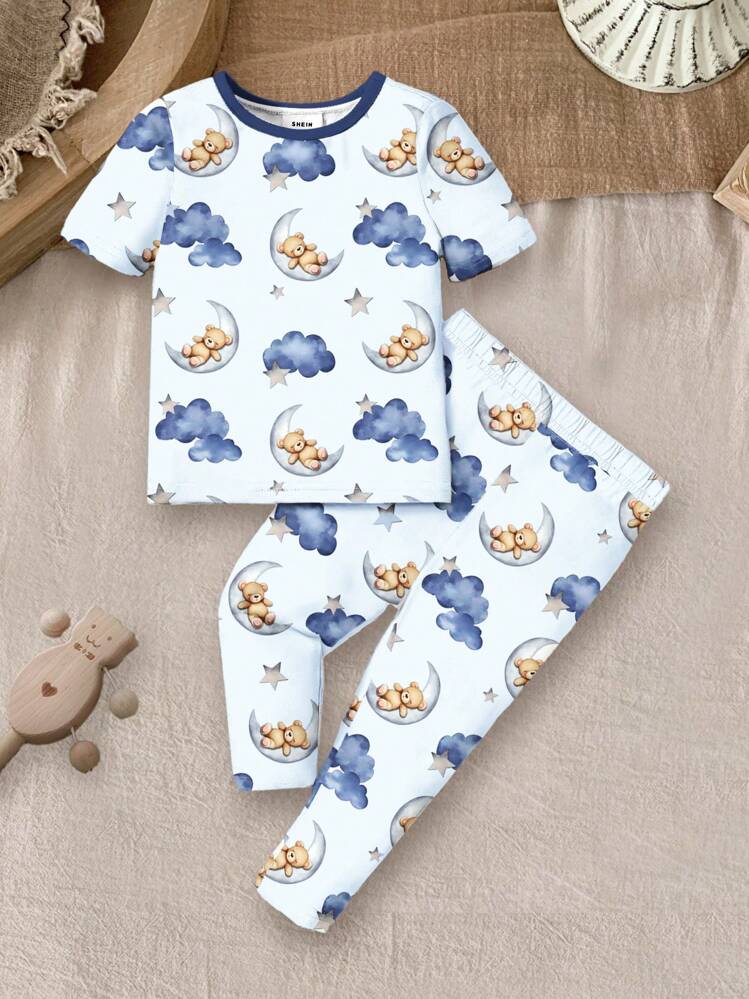 SHEIN 贴身男婴休闲简约圆领舒适短袖和长裤家居服，适合春夏季 - 彩色 - 查看 3