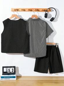 Bộ 3 áo vest có cấu trúc cho bé trai tuổi mới lớn, áo phông sọc tay ngắn và quần short - màu đen - Xem 6