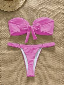 Swim Chiccia 女士海滩夏季服装 - Springbreak 纯色露肩金属装饰短款上衣和丁字裤比基尼套装 - 玫紅色 - 查看 2