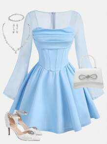 SHEIN Girlism 少女浅蓝色针织褶皱胸围、收腰 A 字形喇叭袖复古优雅短款迷你连衣裙，透明袖子，适合休闲外出 - 淺藍色 - 查看 1