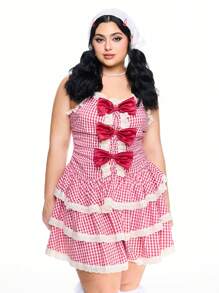 ROMWE Kawaii 大码女式 Cottagecore 可爱蝴蝶结蕾丝边红白格子印花连衣裙 - 酒紅色 - 查看 3