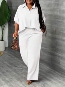 Slaydiva 2 件套大码女式纯色衬衫和裤子，优雅、日常和通勤 - 白色 - 查看 5