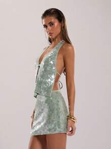 SHEIN BAE 女士夏季性感华丽薄荷绿亮片波西米亚风海滩度假演唱会露背夏季上衣，俱乐部女士性感上衣 - 綠色 - 查看 5