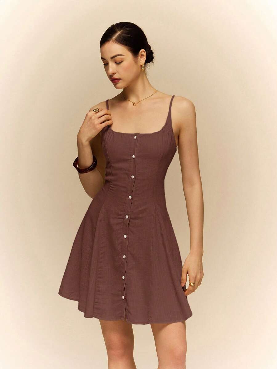 Poéselle 亚麻连衣裙挂脖连衣裙，前中心纽扣装饰，面料舒适透气，休闲度假适合日常通勤度假装女士纯色简约日常吊带裙