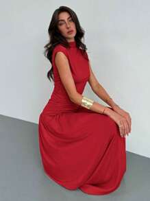 Aloruh New Elegant Stand Collar Ruched Slim Top&High Waist Long Skirt 2Pcs Outfit, Commute/Casual/Date - Red - View 7