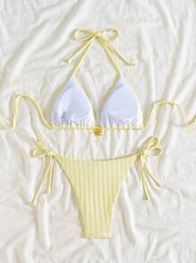 Swim Mod Textured Plain Bikini Set With Metallic Accessories For Summer Beach Vacation - Yellow - View 5