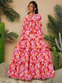 Travachic Tropical Print Chiffon Ruffled Halter Neck Dress, Perfect For Holiday - Red - View 6