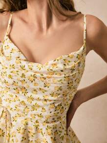 Poéselle 奶油黄色连体裤，连体衣，印花连体衣，小碎花连体衣，层叠荷叶边设计，俏皮可爱，女士休闲度假碎花吊带背心连体裤，适合日常出街约会度假婚礼等场合穿着 - 黃色 - 查看 4