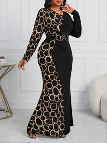 Fleurora Plus Size Women's Business Professional And Contrast Geometric Pattern Waist Fishtail Dress
