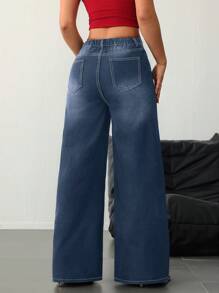 SHEIN Tall 女士牛仔裤 女式高腰牛仔裤 黑色低腰宽松闪亮水钻牛仔裤 闪亮牛仔裤 宽松女式牛仔裤 低腰宽松牛仔裤 女式下装 亮片裤 闪光裤 女式高腰裤 - 深色水洗藍 - 查看 2