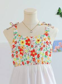 SHEIN 少女色彩鲜艳的花卉图案吊带连衣裙，适合春季 - 白色 - 查看 5