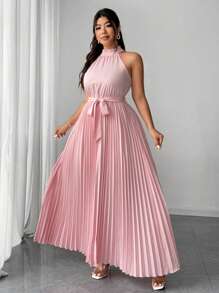 Elenzga 大码女式优雅浪漫度假连衣裙，露背收腰 A 字裙，适合婚礼宾客 - 粉色 - 查看 2