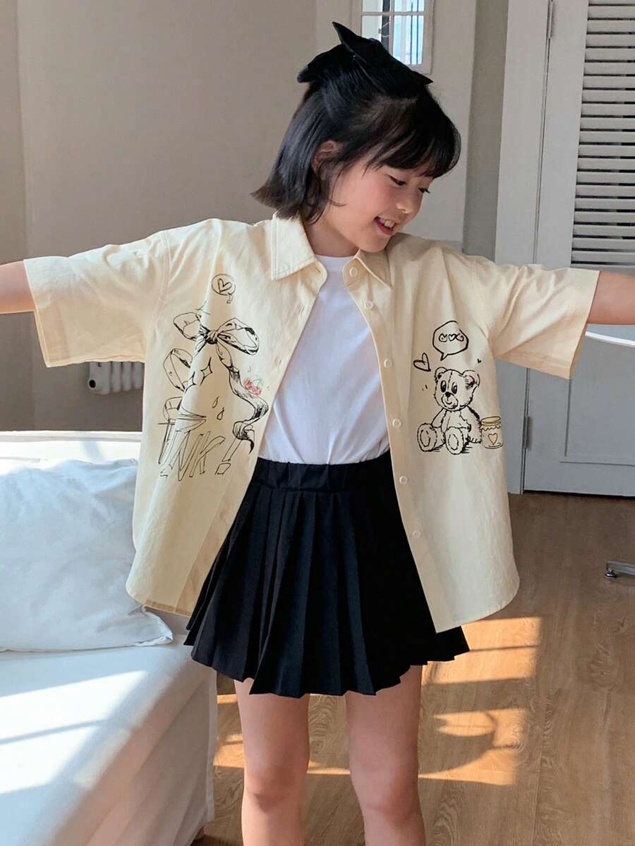 Dazy Kids 少女印花短袖衬衫上衣，夏季，返校季复活节服装 - 黃色 - 查看 1