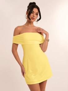 SHEIN BAE 夏季海滩度假纯白色露肩后蝴蝶结迷你连衣裙，适合日常约会、夜间外出、夜总会、派对、聚会、鸡尾酒会、泳池派对、返校季节服装、学校季节连衣裙、节日连衣裙女士连衣裙 - 黃色 - 查看 6