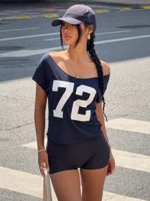 INAWLY Women's Letter Print Off-Shoulder Short Sleeve T-Shirt - Navy Blue - View 3