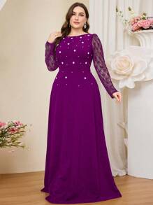 Coutiva 加大码优雅针织连衣裙，撞色蕾丝和泡泡袖，正式、派对礼服、晚礼服、婚礼宾客礼服