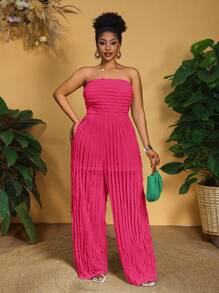 Slaydiva Plus Size Women's Casual Sleeveless Pleated Wide Leg Jumpsuit