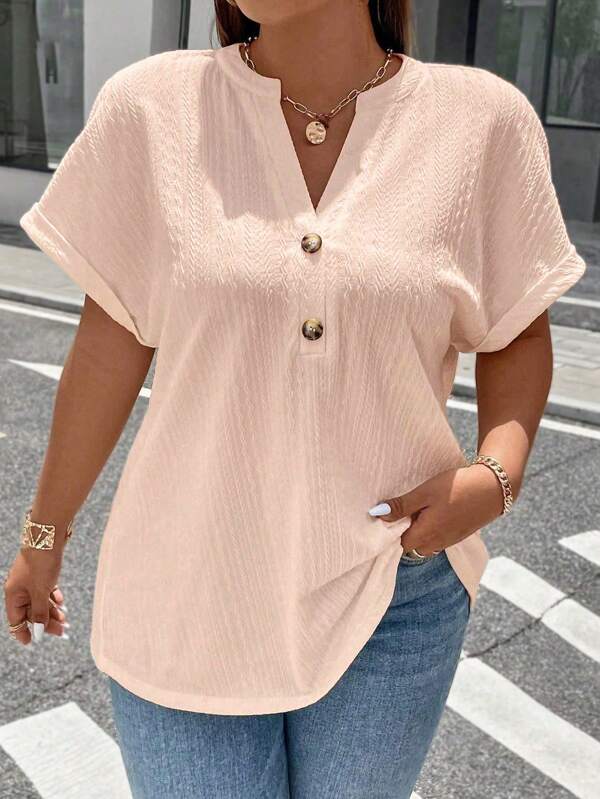 Calvaya Plus Size V-Neck Short Sleeve T-Shirt With Wooden Button Cuff Decoration, Casual Commute